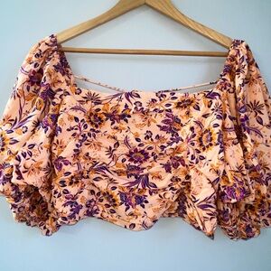 Free People Sunday Set Top Cropped Off-Shoulder Floral Blouse Smocked Back L